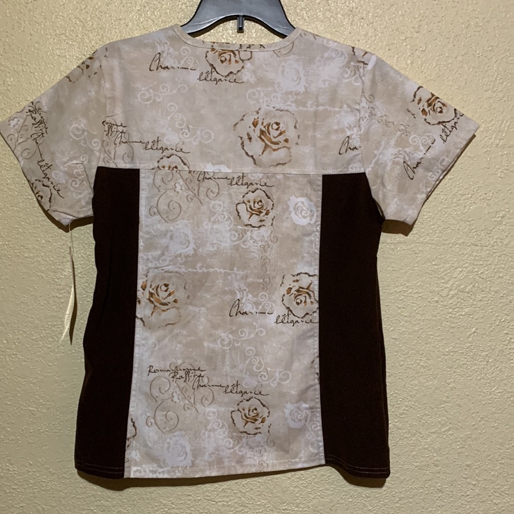 Nurse Scrub Top Brown Cream Floral  NWT by Miami Uniforms S Pullover Pockets - Picture 11 of 14